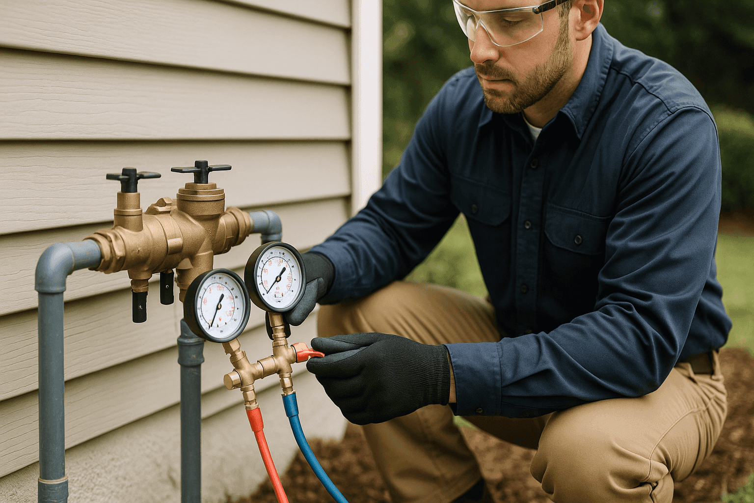Certified plumber testing residential backflow prevention device
