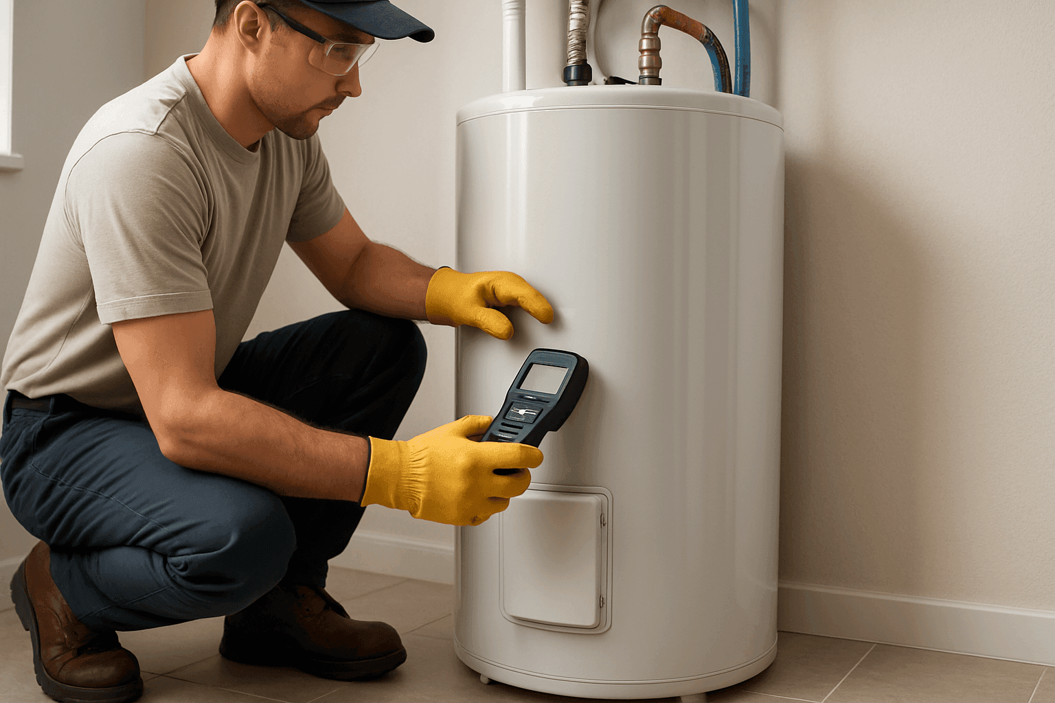 Technician inspecting a residential water heater in utility room