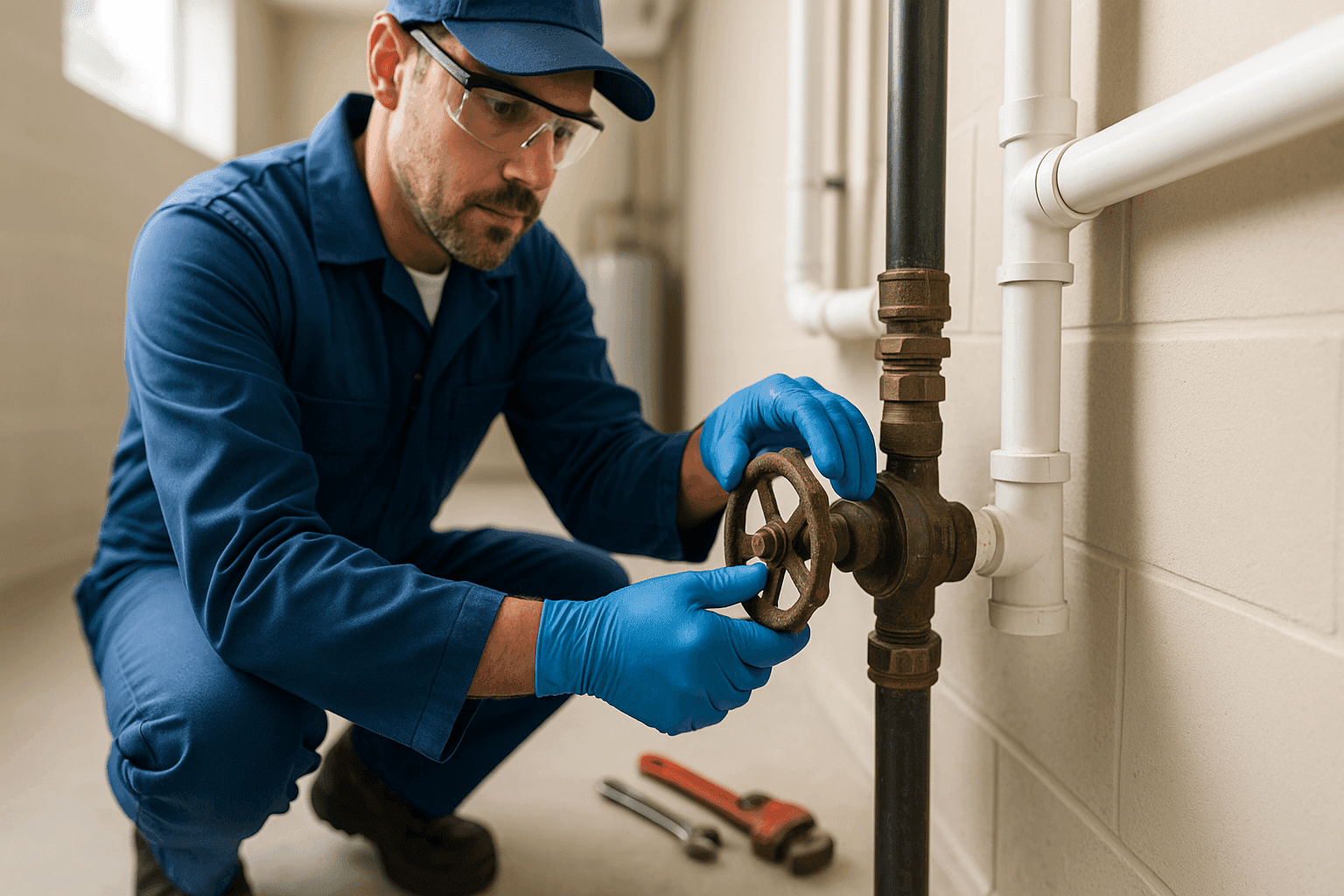 Technician shutting off main water valve in residential basement