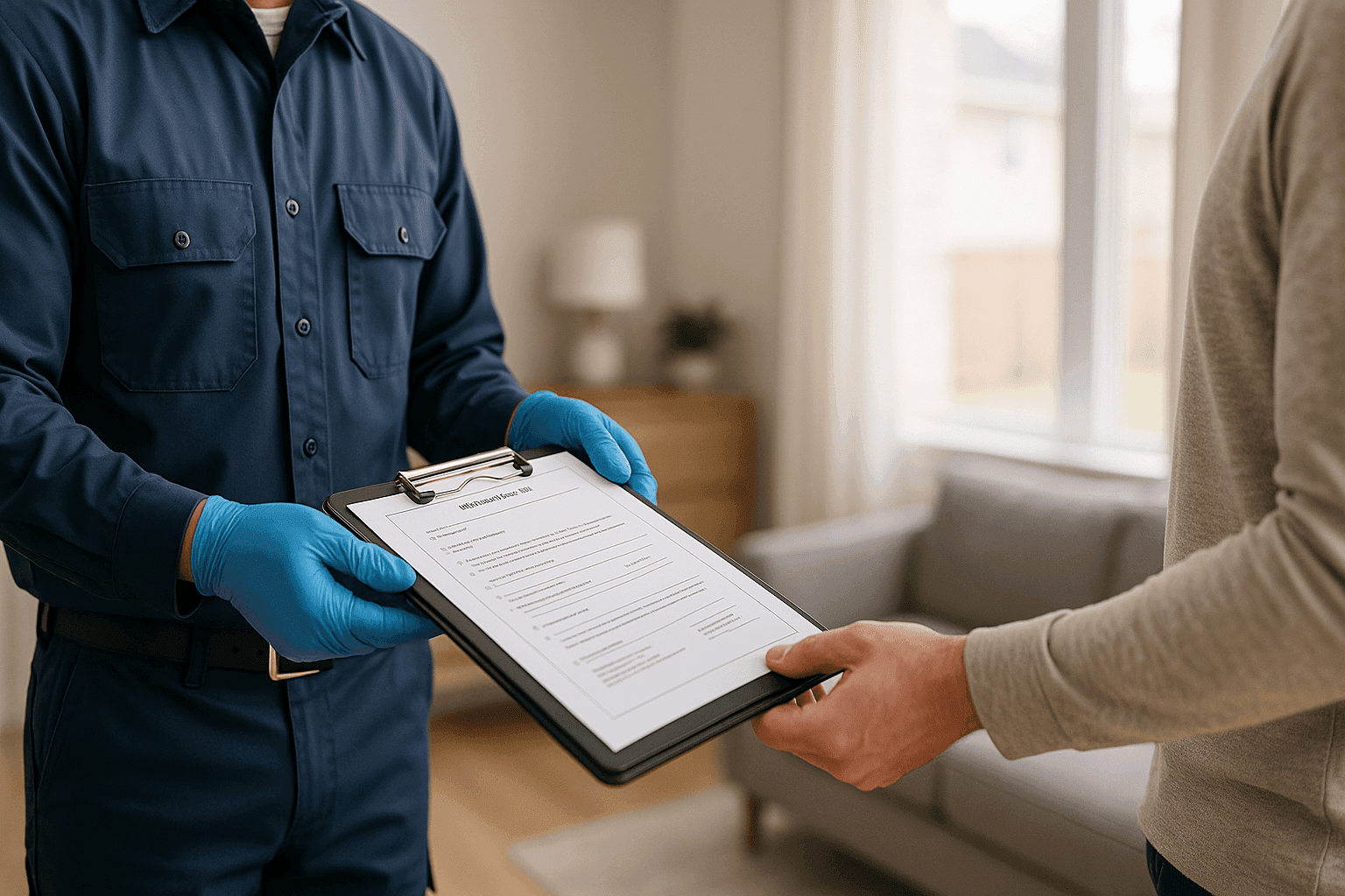 Homeowner reviewing plumber's credentials and insurance documents