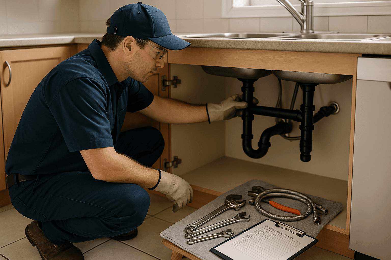 Homeowner performing routine plumbing maintenance under kitchen sink with tools and checklist