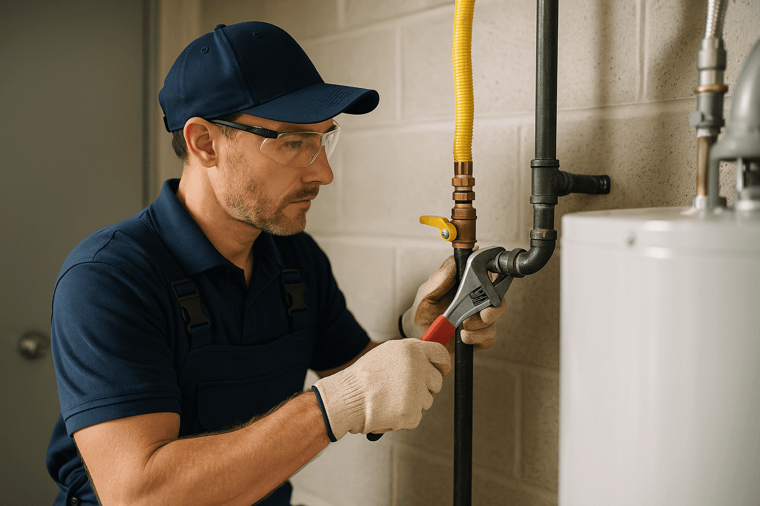 Plumber inspecting gas line installation in a home utility room