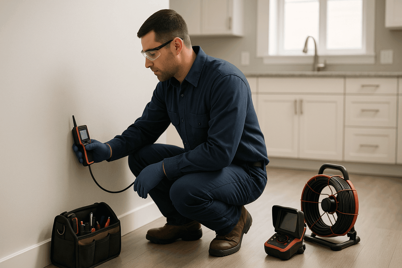 Plumber using electronic leak detector near kitchen wall