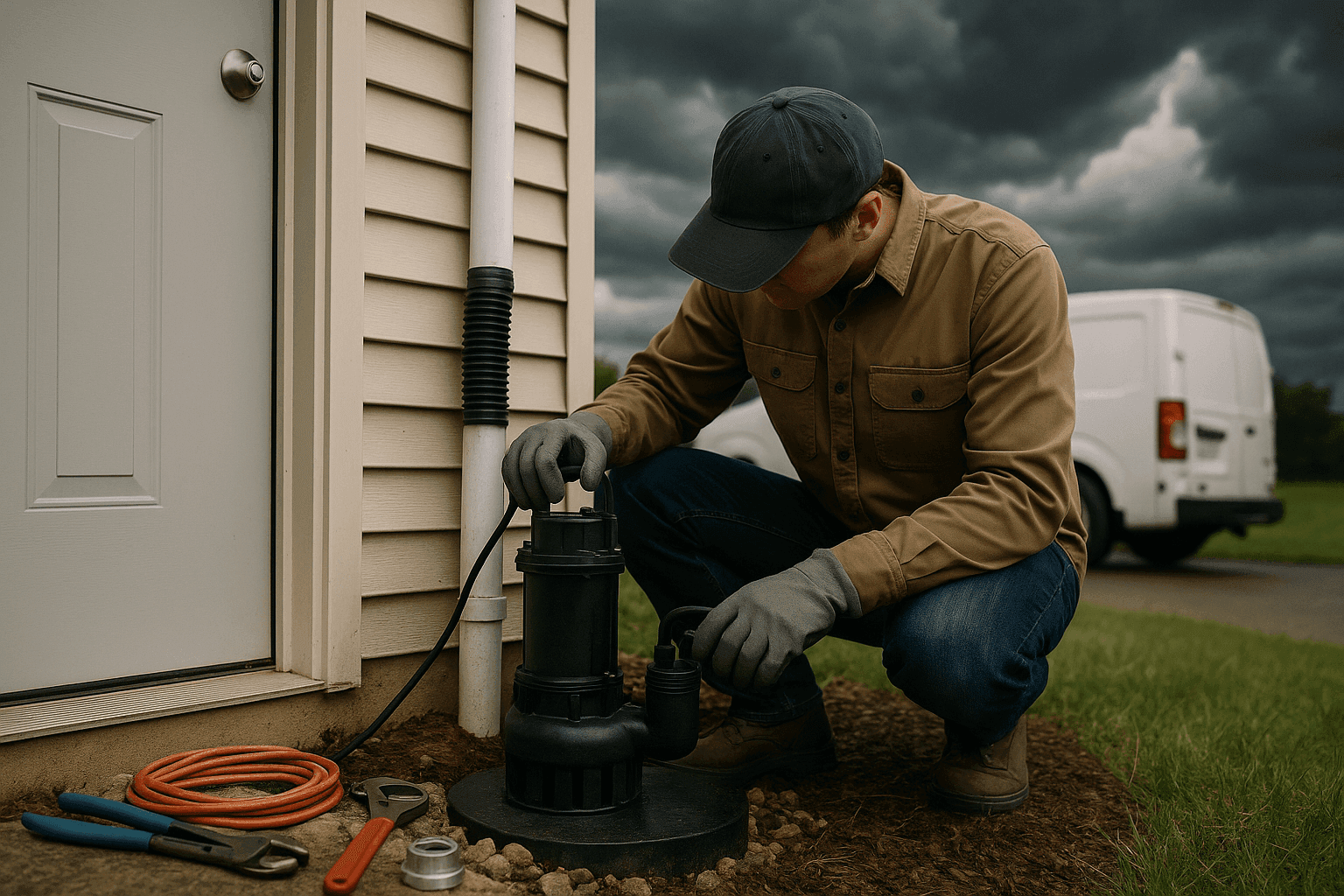 Homeowner checking sump pump outdoors before a storm