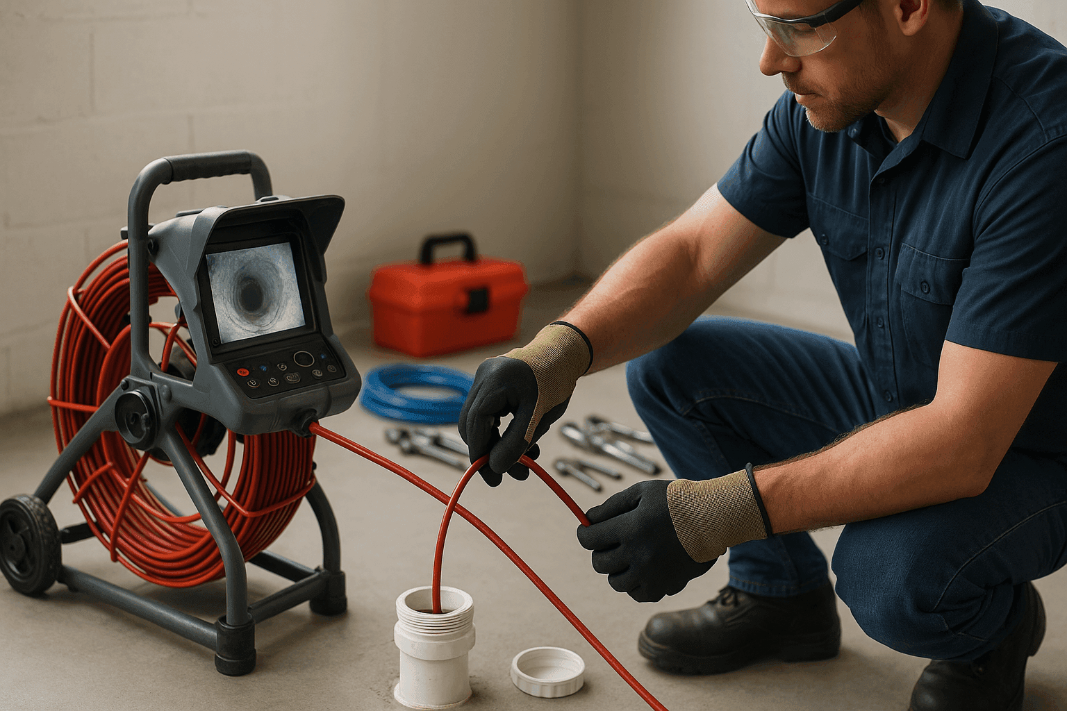Plumber inspecting sewer pipe access with camera tool
