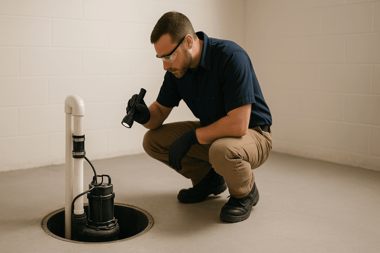 Technician inspecting sump pump in basement pit