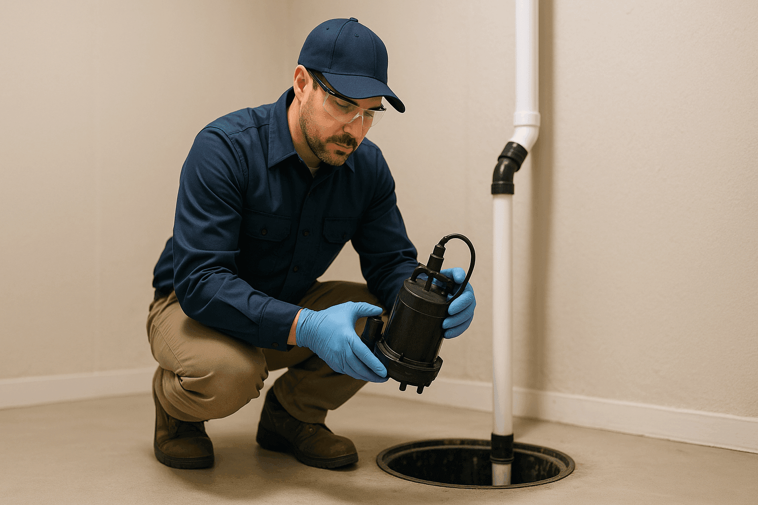Close-up of a plumber inspecting a sump pump in a clean basement corner