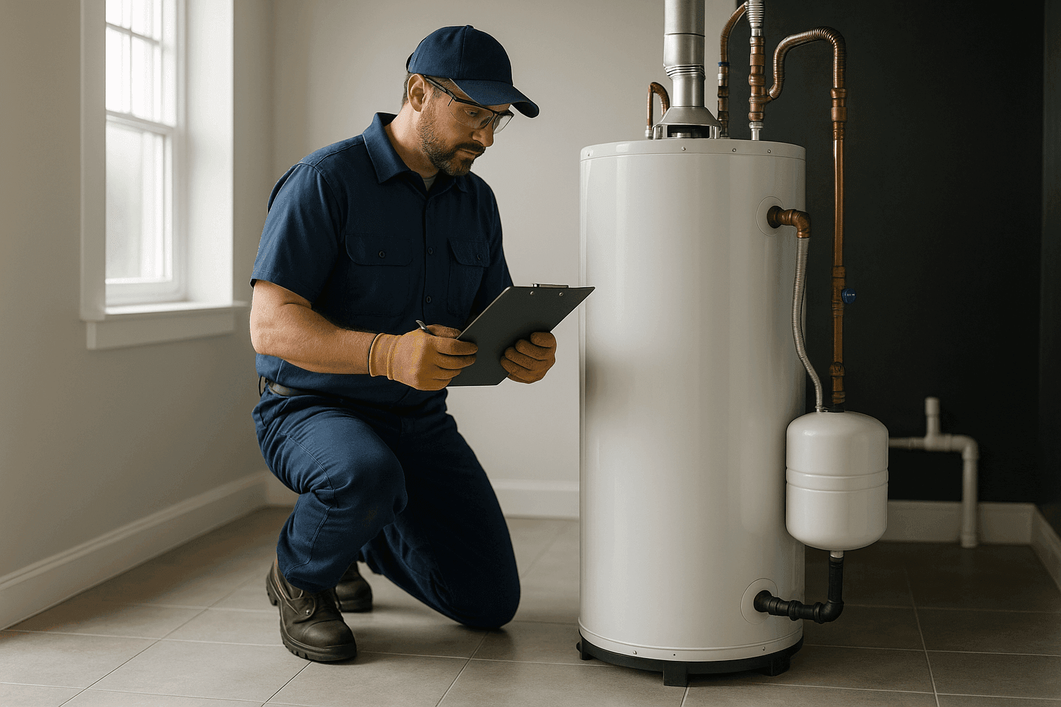 Plumber examining residential water heater with clipboard